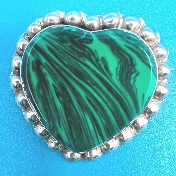 Vintage Sterling Silver Taxco Mexico Pendant Brooch Malachite Heart Beaded Tl79